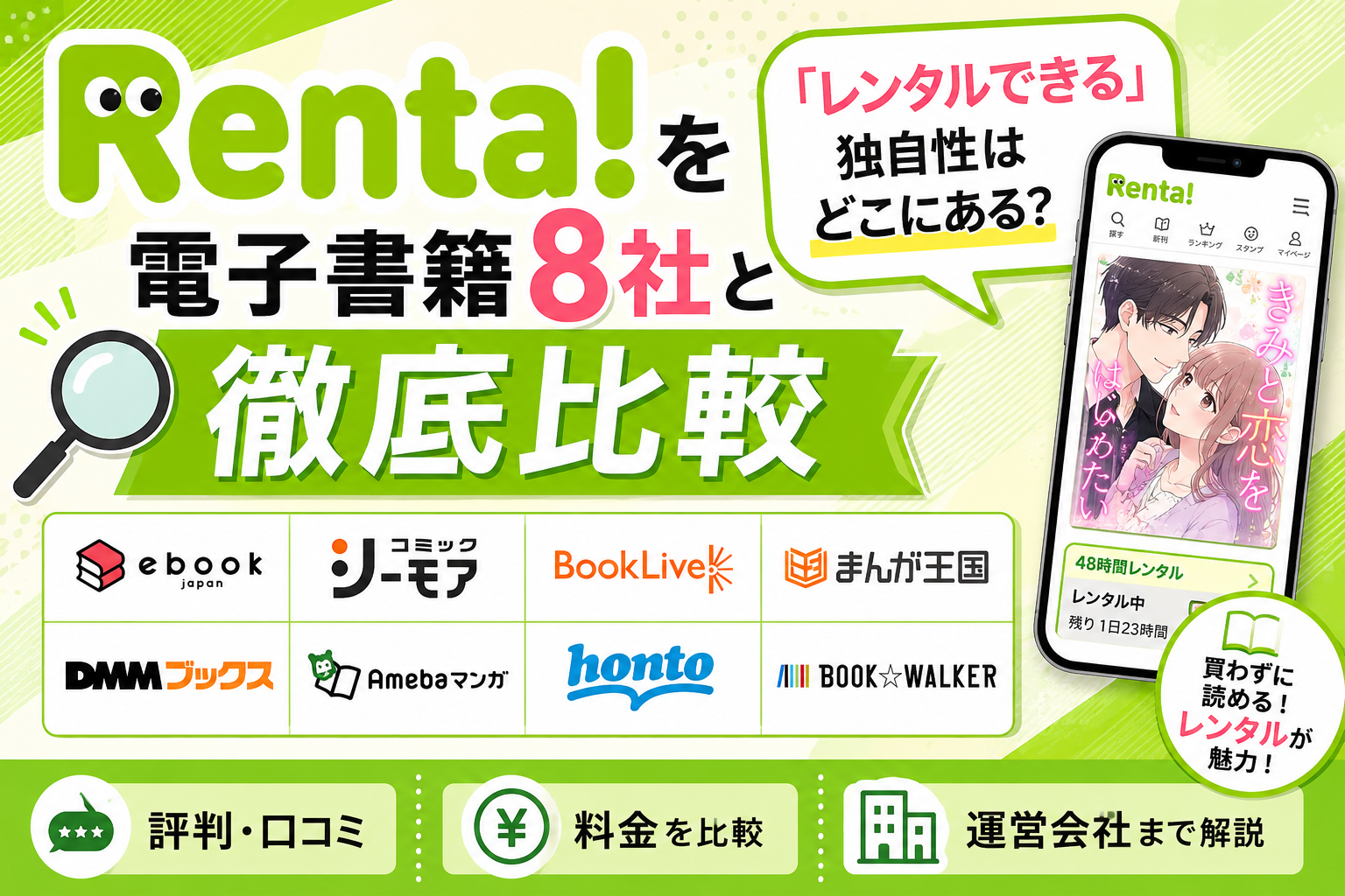 Renta!を電子書籍8社と徹底比較し、レンタルできる独自性や評判、料金、運営会社をわかりやすく紹介したアイキャッチ画像